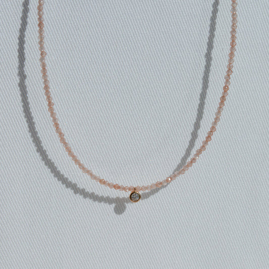 14K Solid Gold Diamond Bezel & Zirconia Beads Necklace