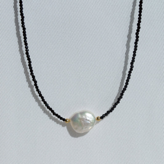 gold necklace with black spinel beads, baroque pearl and tiny gold balls