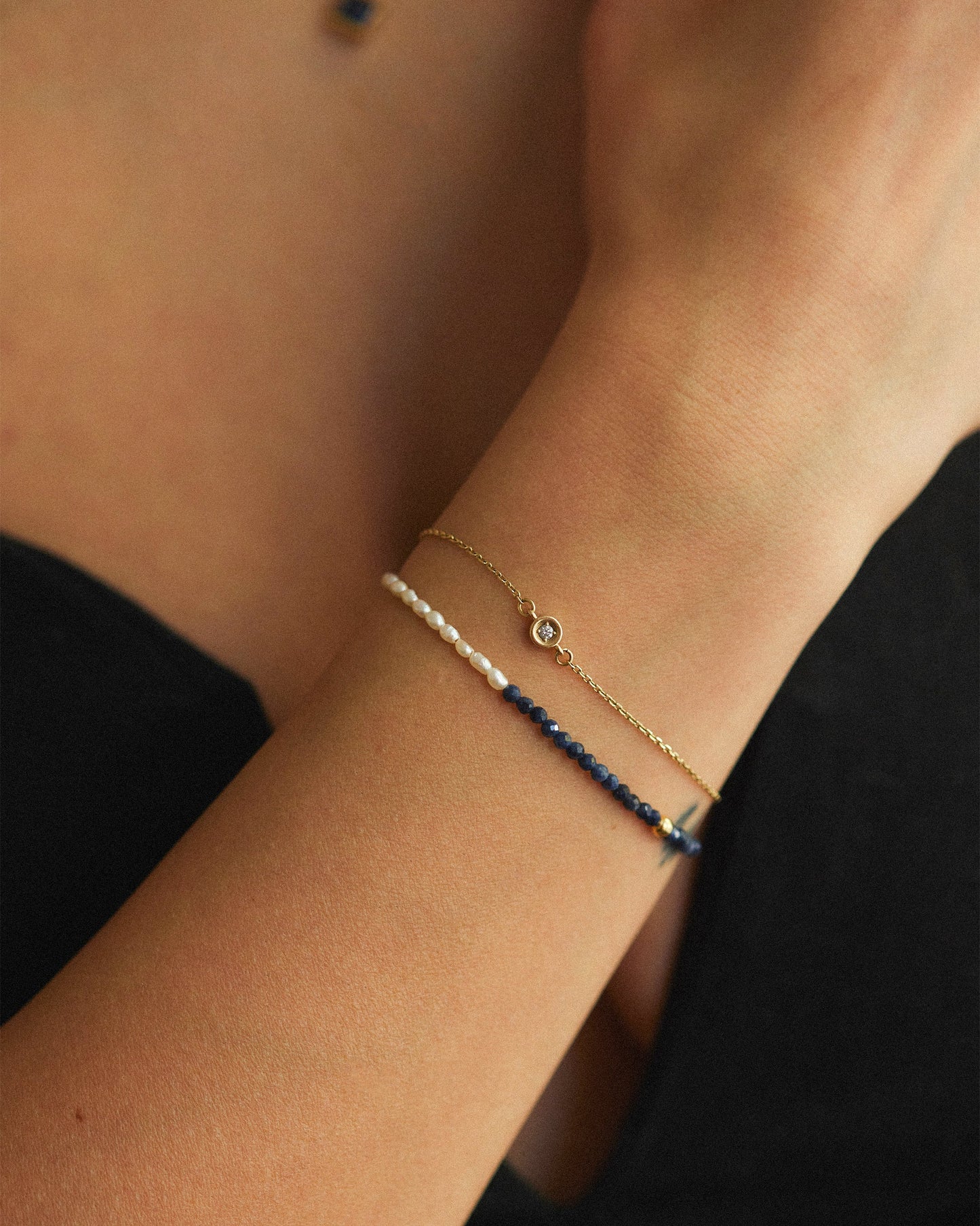 14K Solid Gold Pearl & Sapphire Bracelet