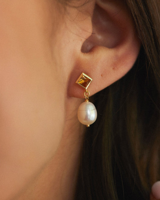 Citrine And Pearl Drop Earrings