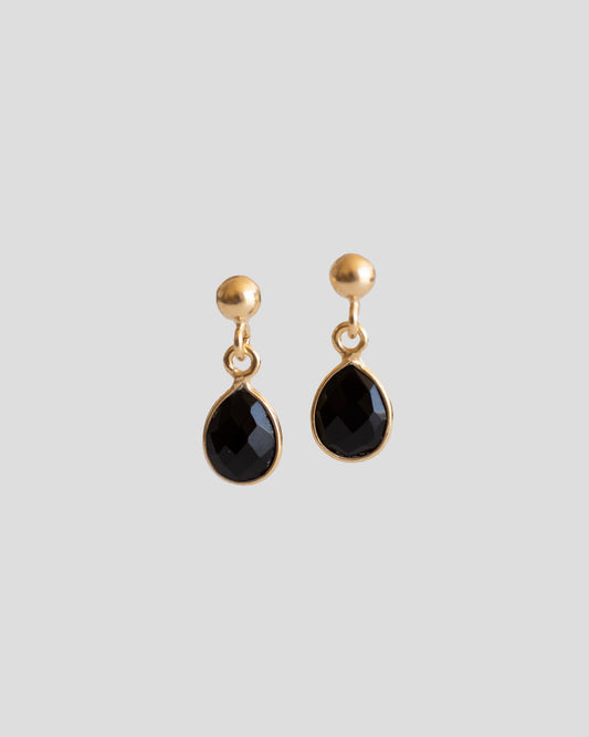 gold vermeil drop stud earrings with gold plated ball and black quartz