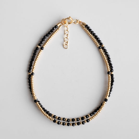 gold plated double black spinel bracelet, sterling silver beaded bracelet with black soinel