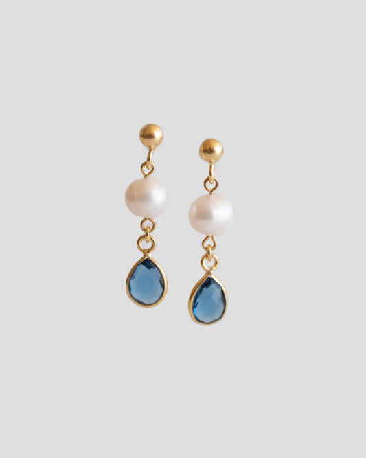 dangle gold vermeil earrings with blue teardrop gemstone and pearls