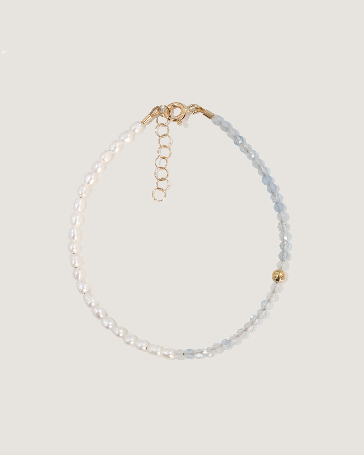 14K Solid Gold Pearl & Aquamarine Bracelet