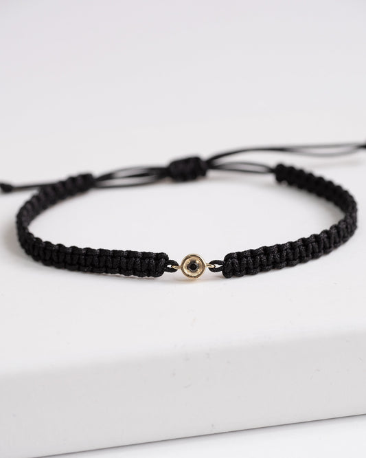 Black String Bracelet with Three Diamonds- 14K Solid Gold