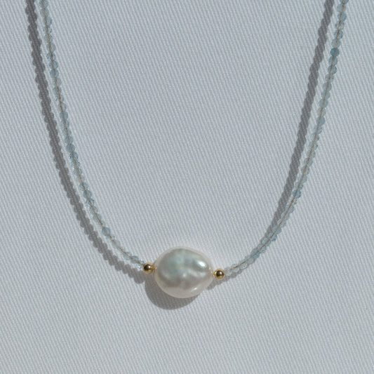 14K Solid Gold Aquamarine and Pearl Necklace