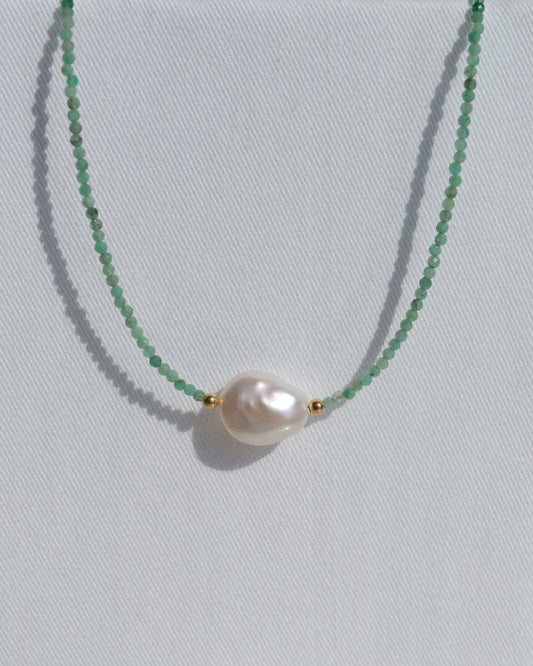 14K Solid Gold Emerald and Pearl Necklace
