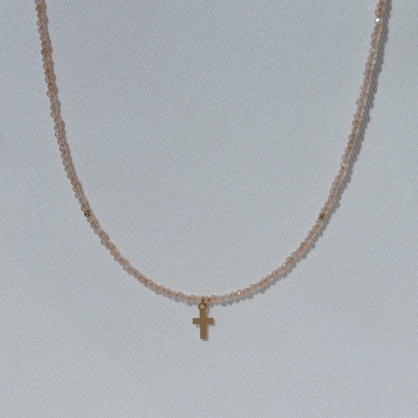14K Solid Gold Cross Pendant & Zirconia Beads Necklace