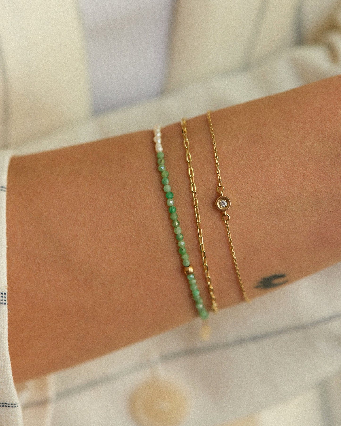 14K Solid Gold Pearl & Emerald Bracelet