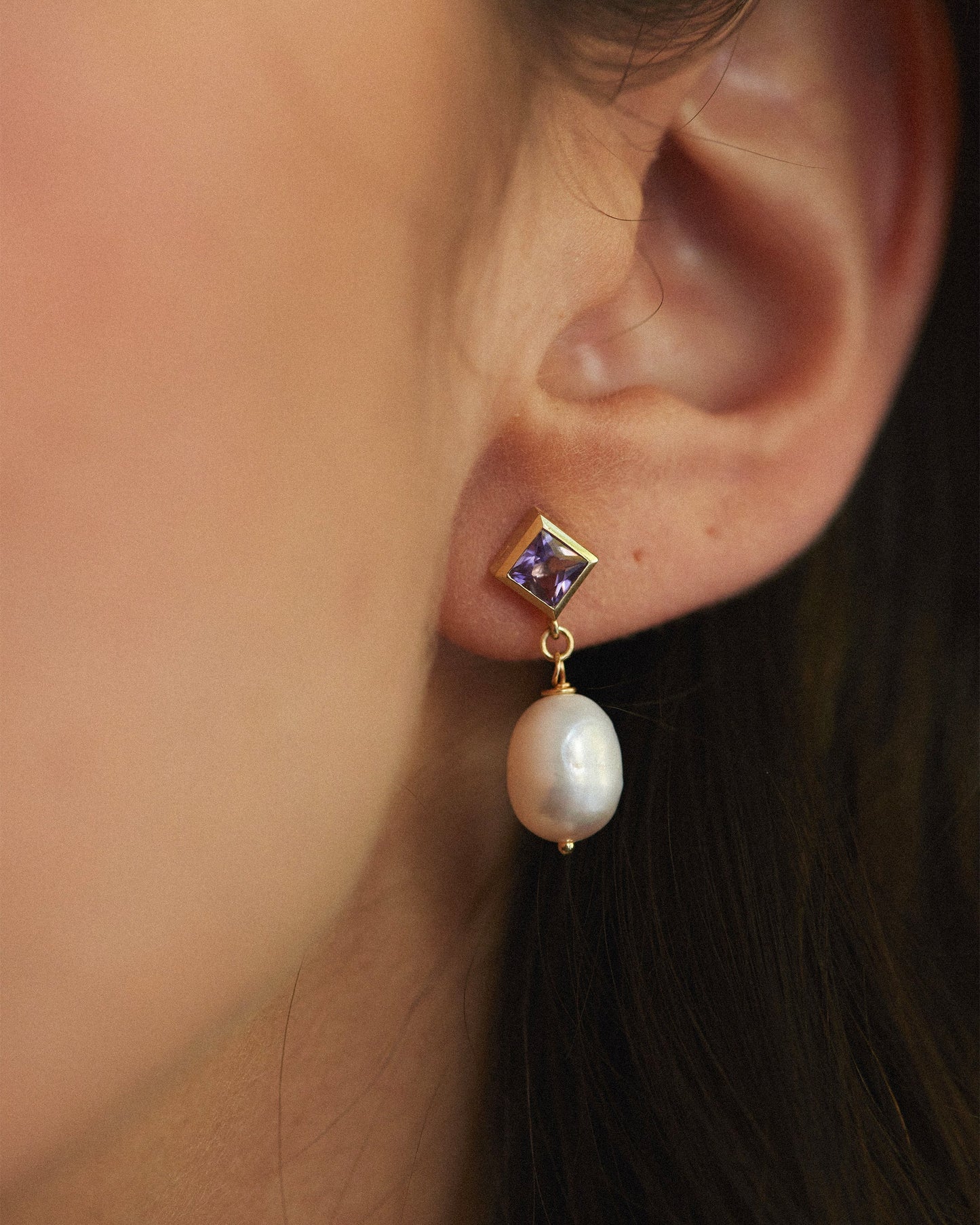 Amethyst And Pearl Drop Stud Earrings