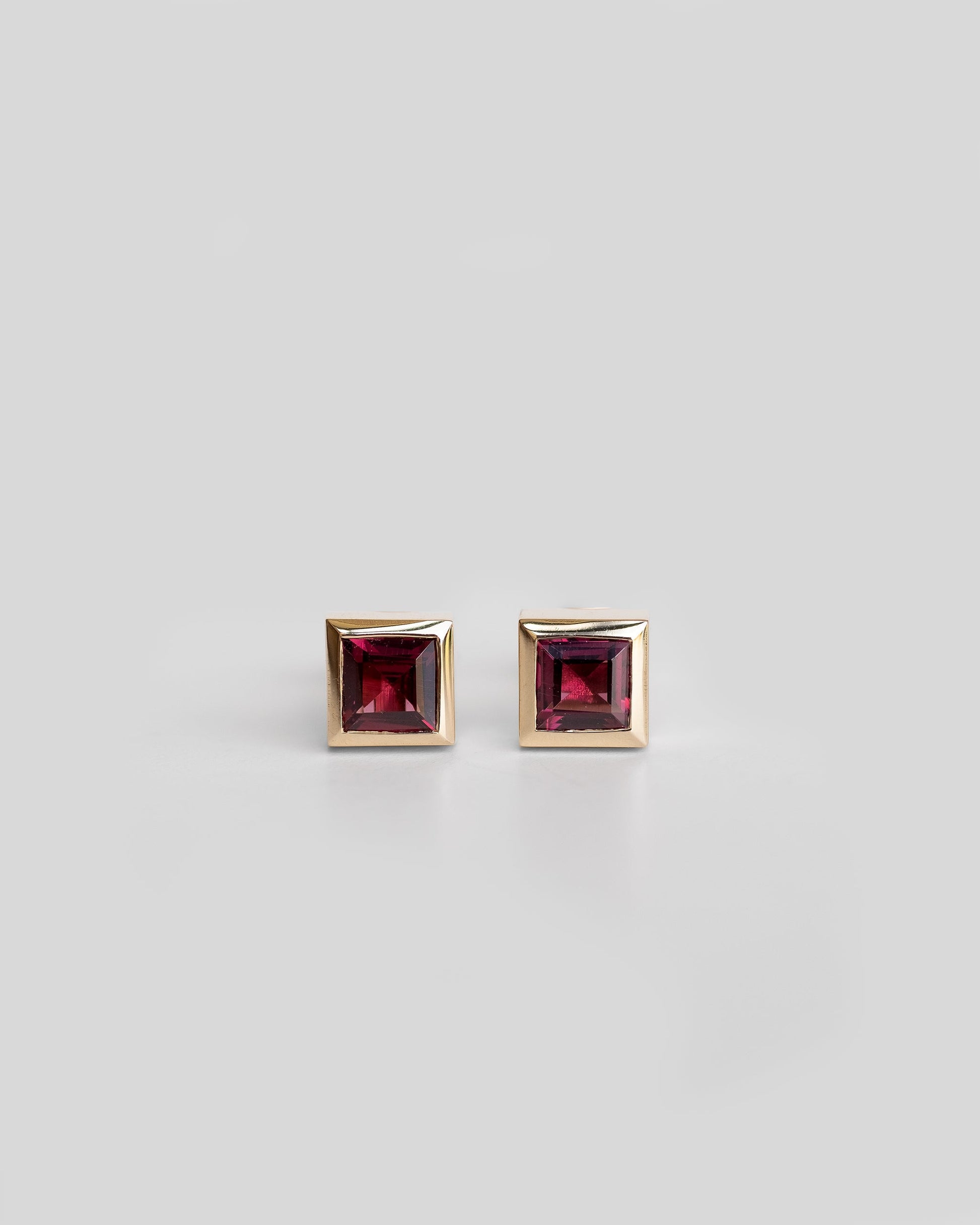 gentle red gemstone stud earrings, gold square garnet syuds