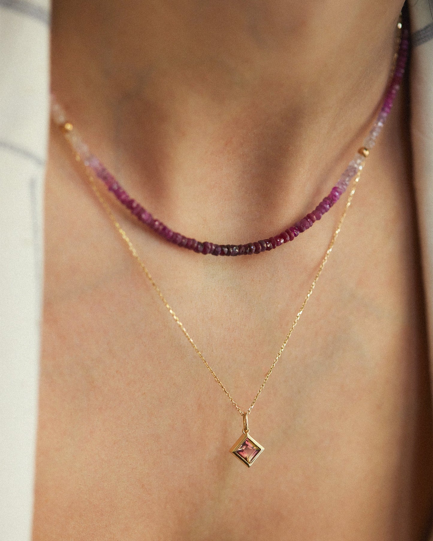 Square Pink Tourmaline Pendant Necklace