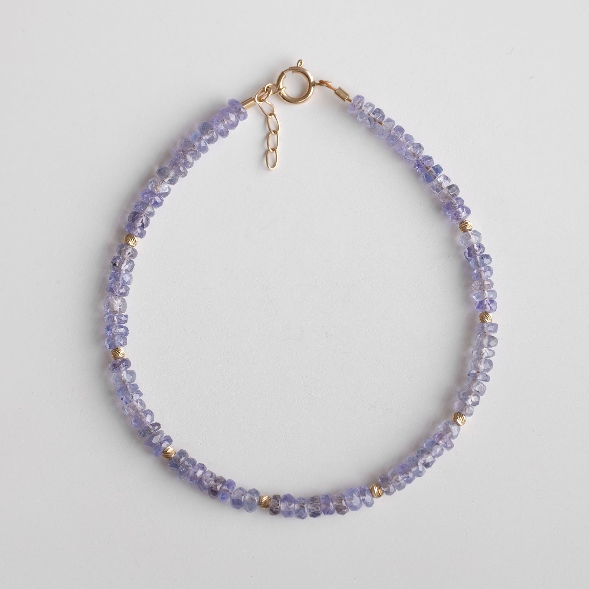 fine gold bracelet with purple gemstone, tanzanite beaded bracelet, solid gold bracelet