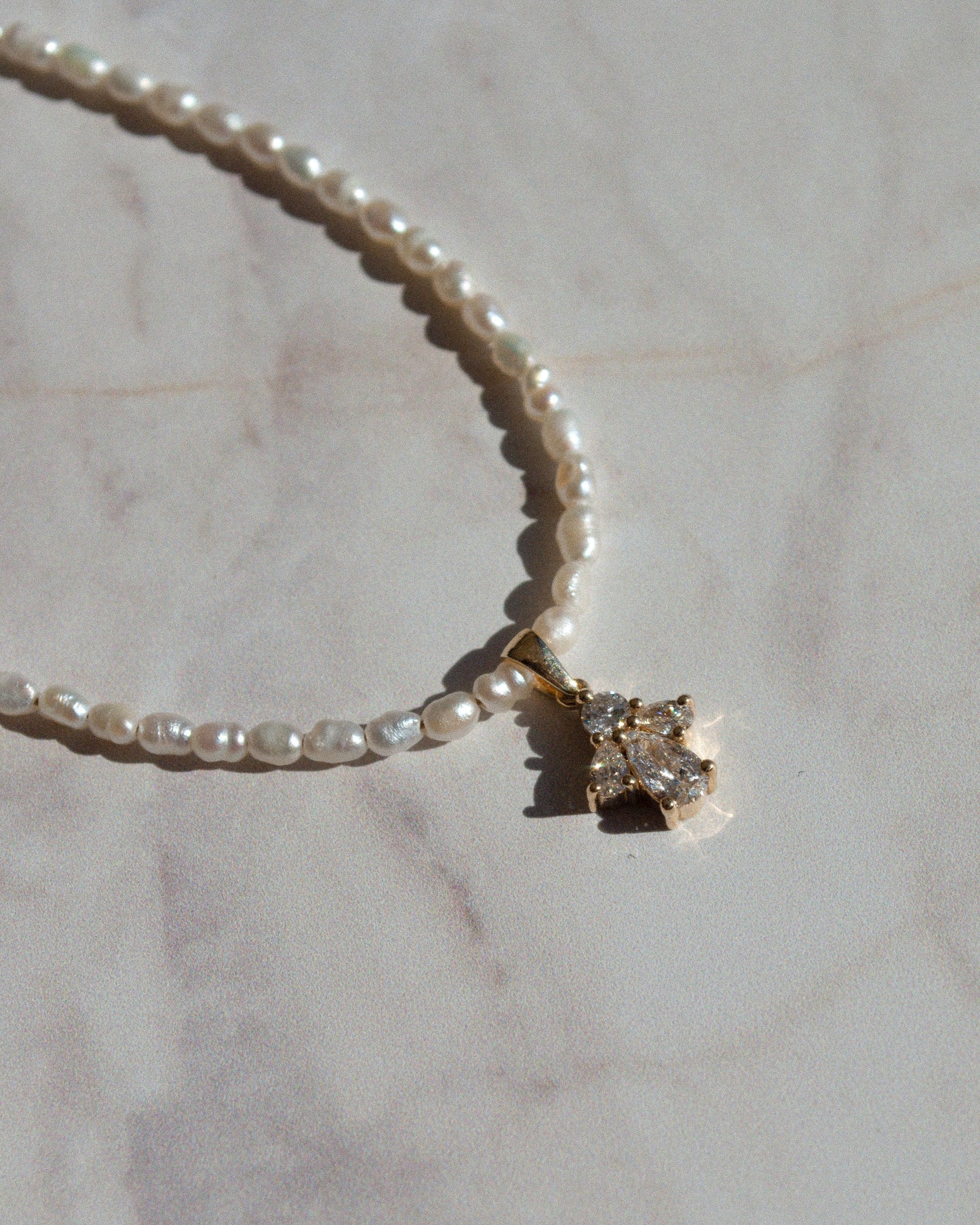 14K Solid Gold Pearl Necklace With Pear Cut Diamonds