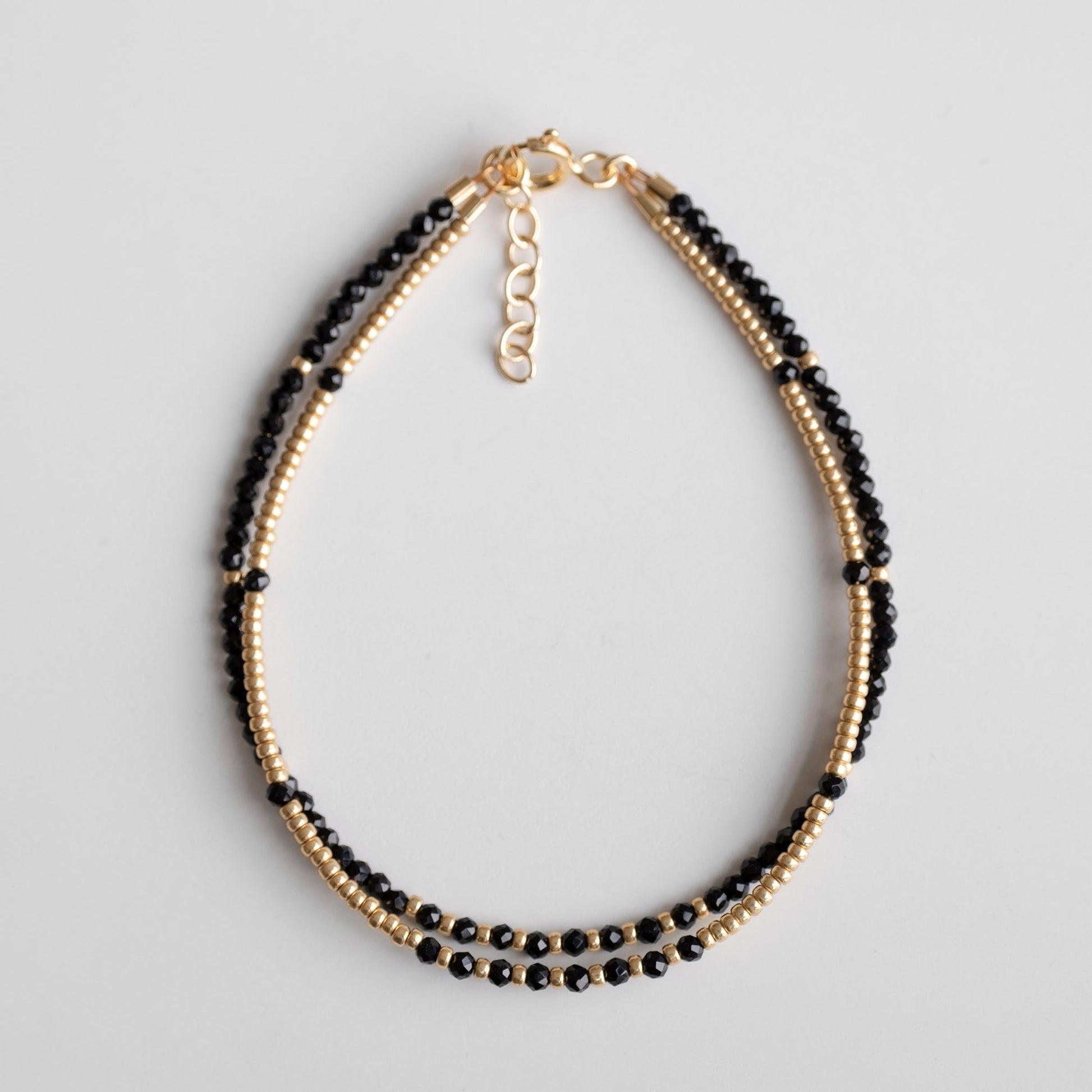 gold plated double black spinel bracelet, sterling silver beaded bracelet with black soinel 