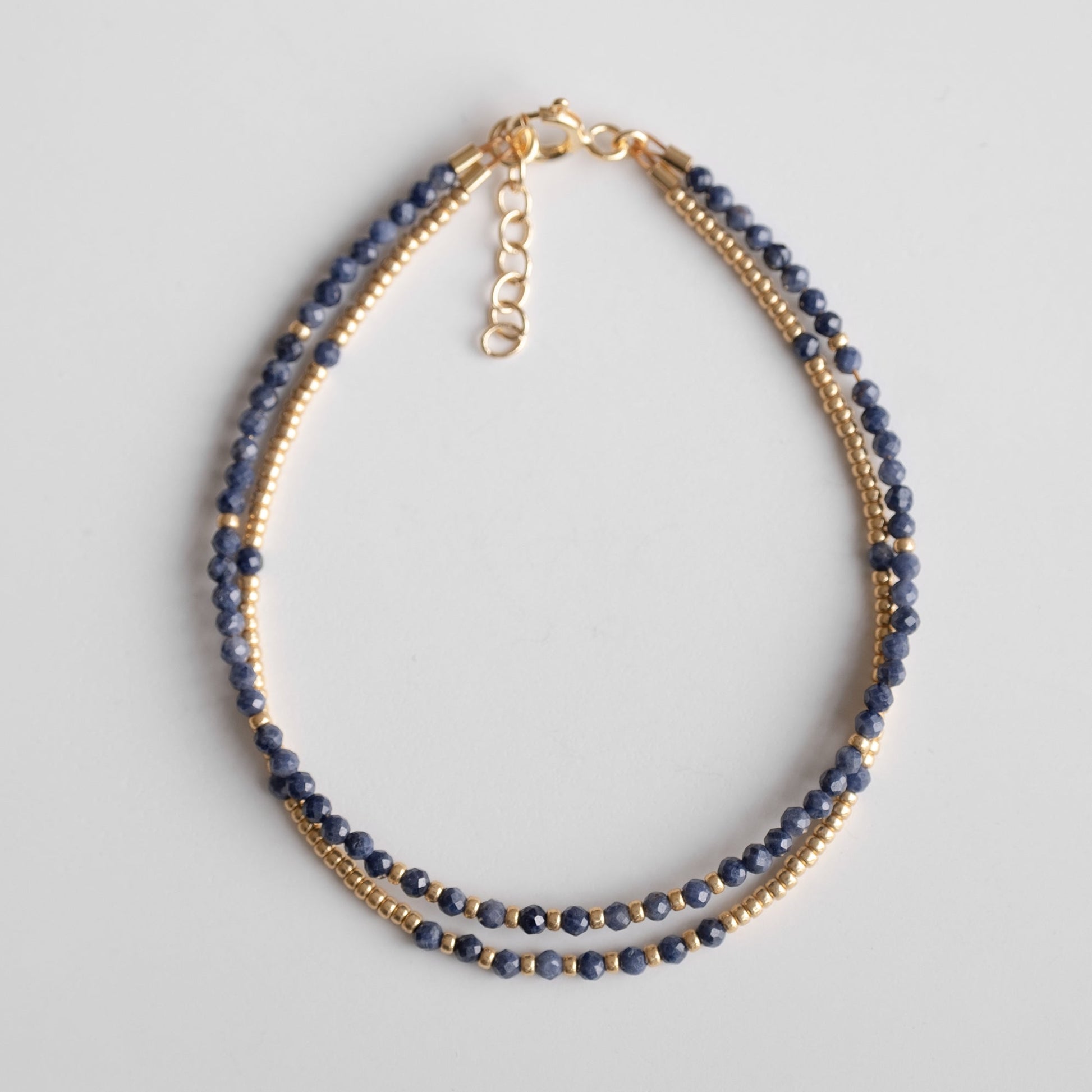 double gold plated bracelet with sapphire beads, silver double bracelet with blue stone, 