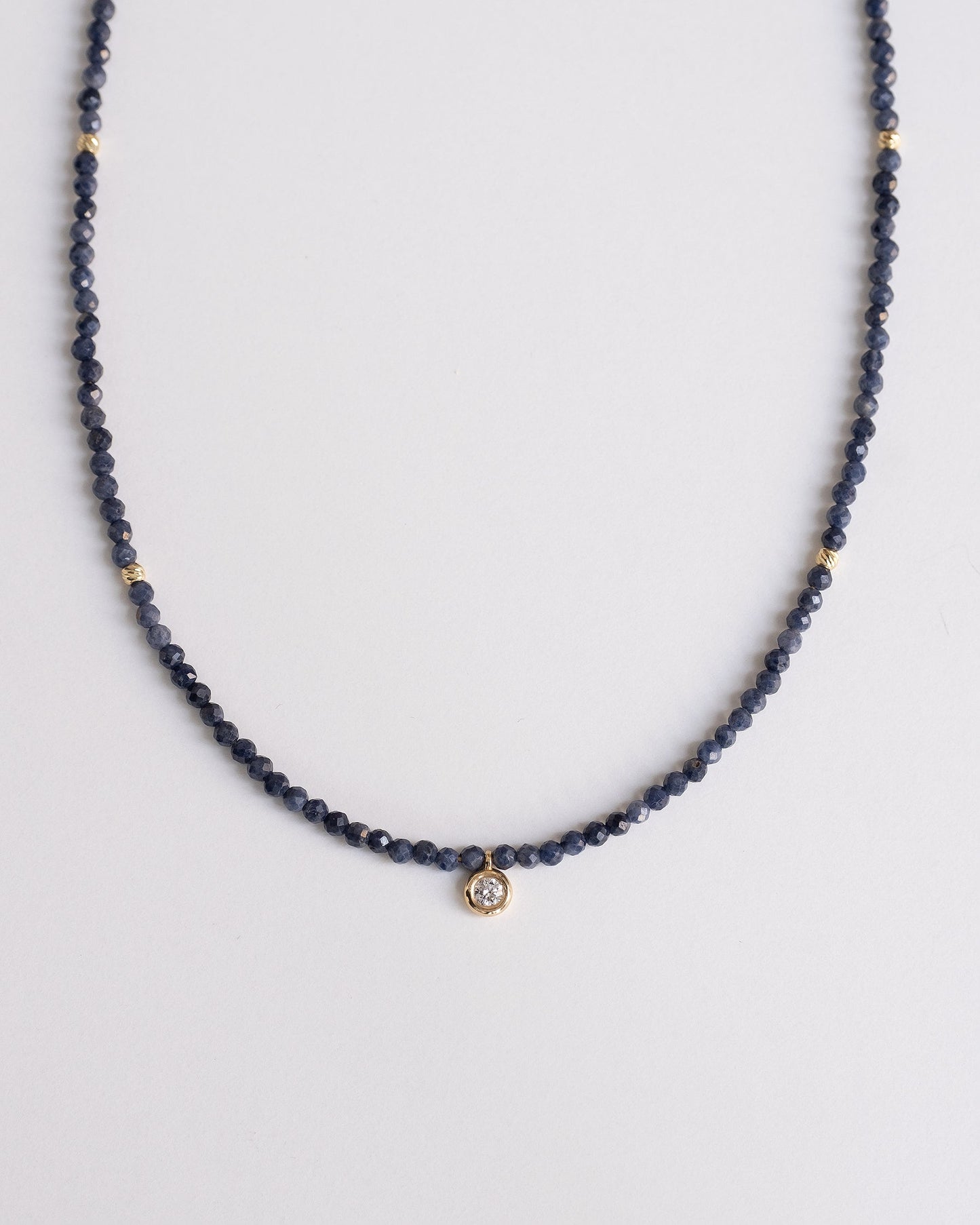 14K Solid Gold Sapphire Necklace With Diamond