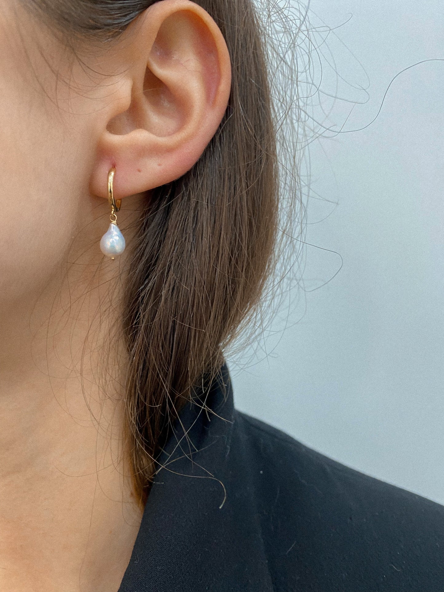 14K Solid Gold Leverback Pearl Earrings